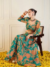 Women Green & Mustard Floral Anarkali Skirt With Crop Top